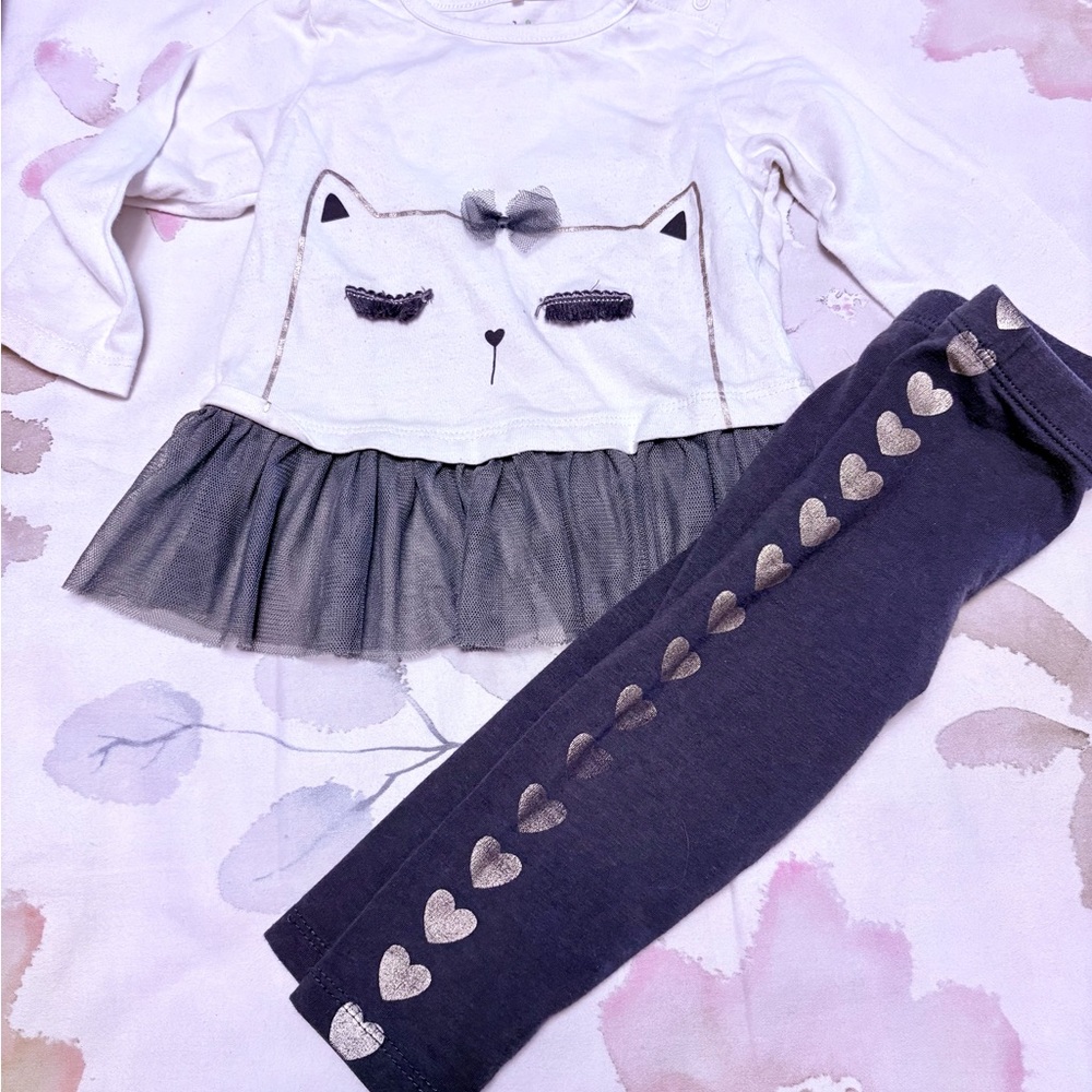 12M Cute Cat Face Outfit - White and Gray